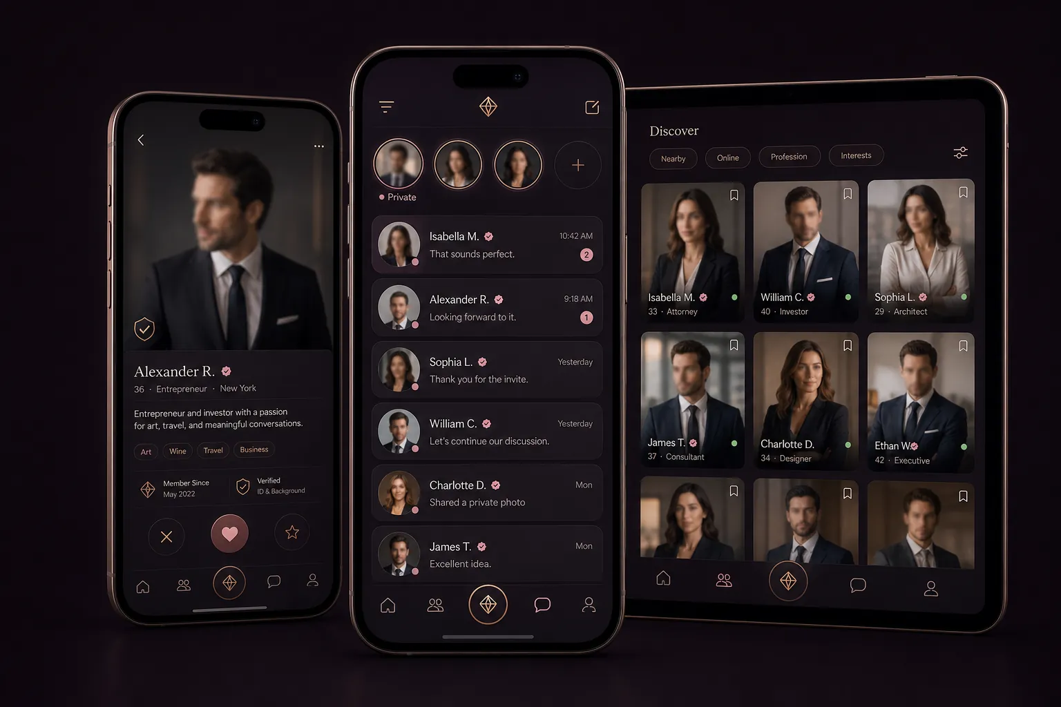 PayPerMeet app showing verified profiles and private member conversations