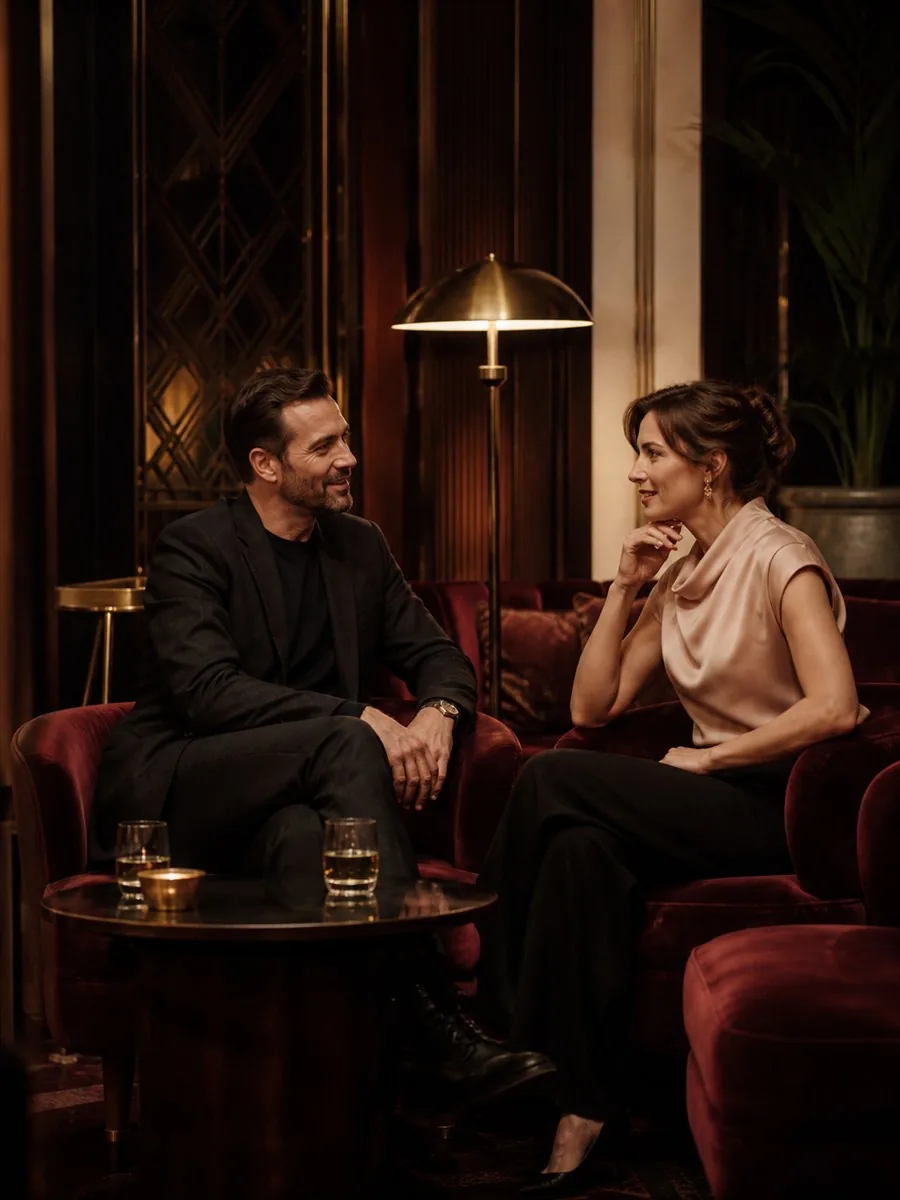 Sugar Daddy and Sugar Baby meeting in an elegant public lounge