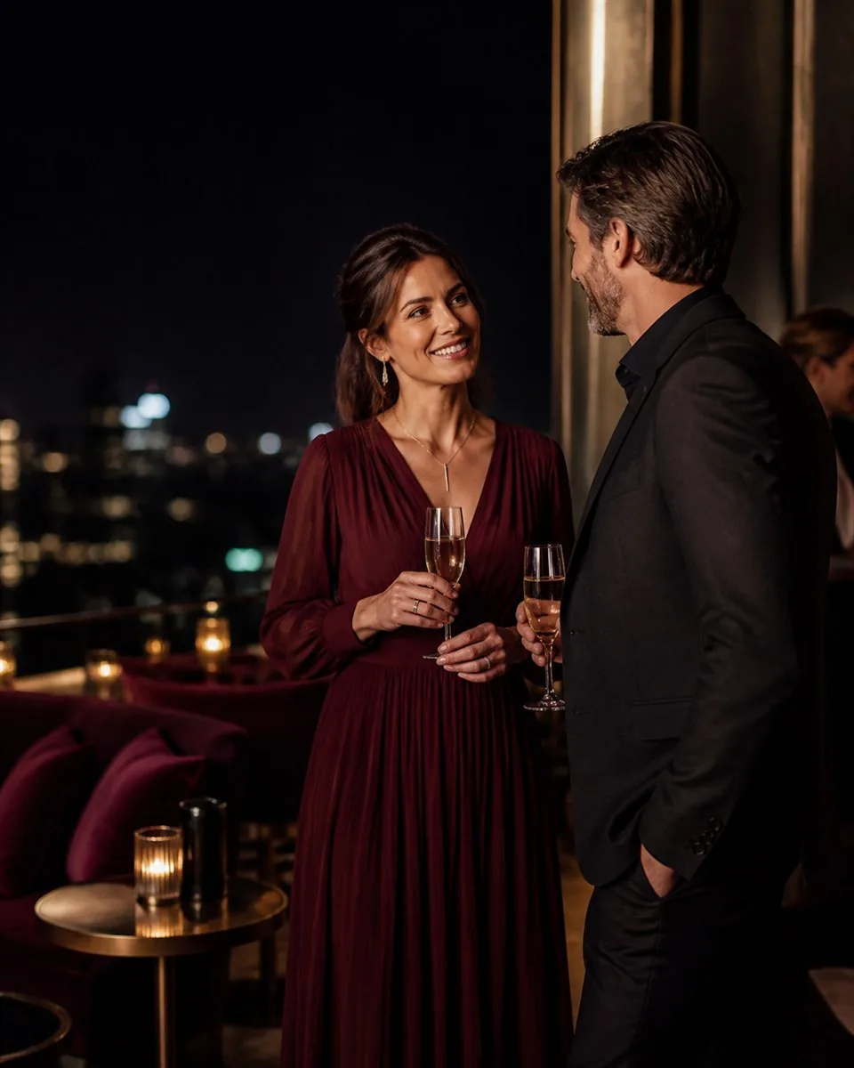 Two sophisticated adults talking at an elegant rooftop reception