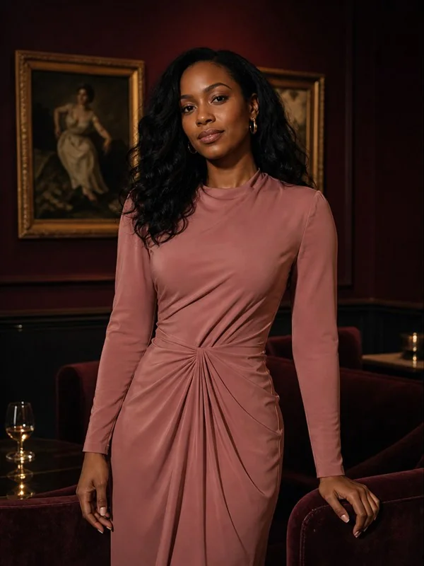 Confident woman in an elegant gallery lounge