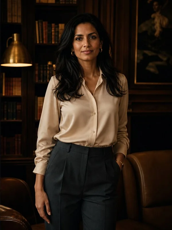 Poised woman in a refined library interior
