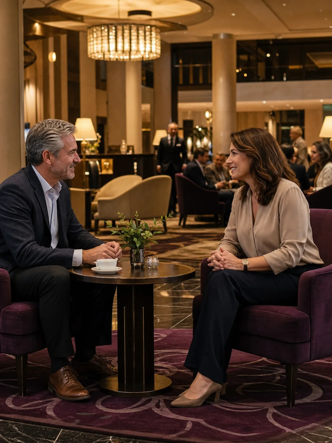 Two adults meeting safely in a staffed public hotel lounge