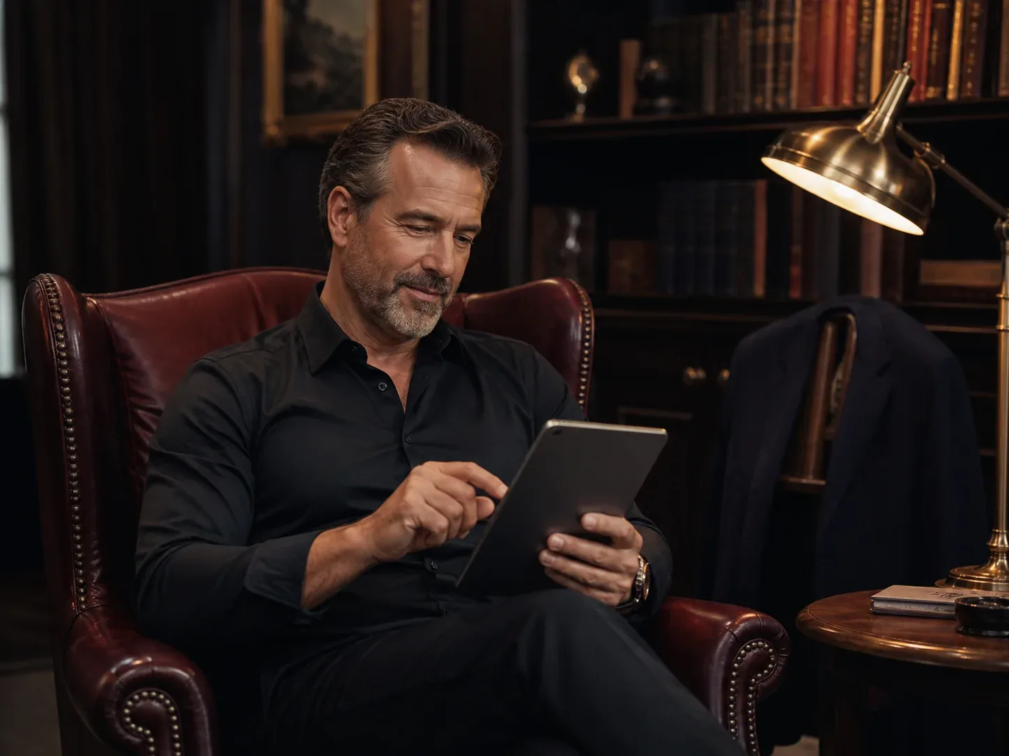 Mature Sugar Daddy completing a detailed dating profile on a tablet